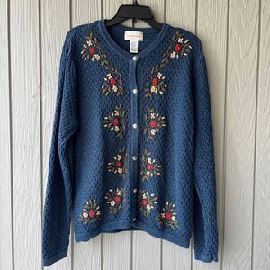 Lemon Grass XL Blue Ramie Cotton Cardigan Floral Embroidery, Vintage